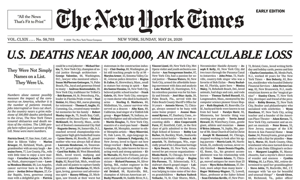 Thời báo New York đã dành một trang báo cáo phó, tưởng nhớ nạn nhân Covid-19. Ảnh: The Guardian