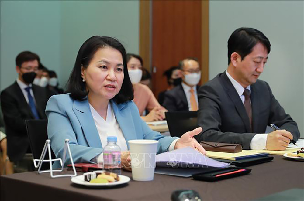 Bộ trưởng Thương mại Hàn Quốc Yoo Myung-hee phát biểu trong một cuộc họp tại Seoul ngày 27/5/2020. Ảnh: Yonhap/TTXVN