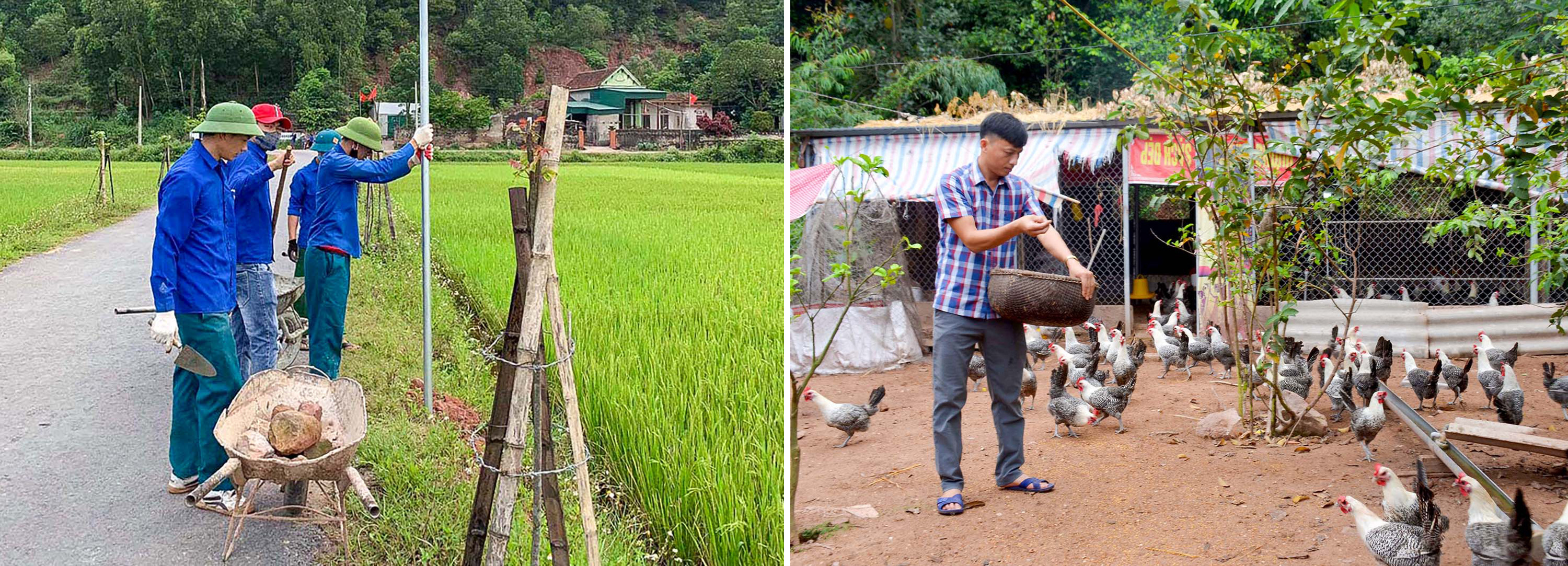 Đoàn Thanh niên xã Nghi Tiến tham gia xây dựng 3 tuyến đường cột cờ với tổng chiều dài 1,8km; Mô hình chăn nuôi gà siêu trứng cho thu nhập cao ở xã Nghi Tiến, huyện Nghi Lộc. Ảnh Ngọc Anh