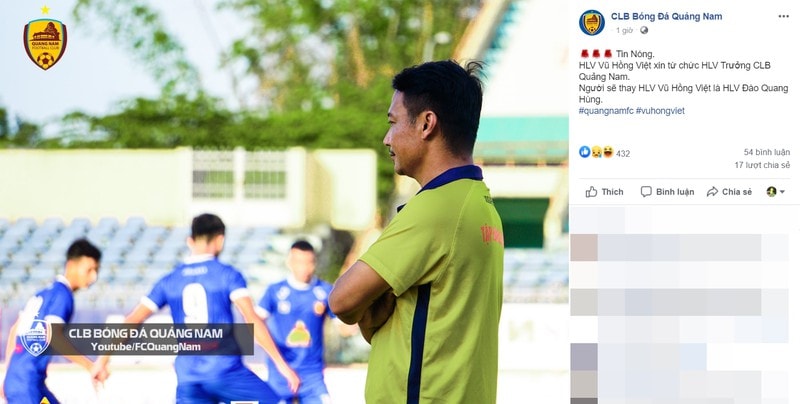 Thông báo từ trang facebook của CLB Quảng Nam.