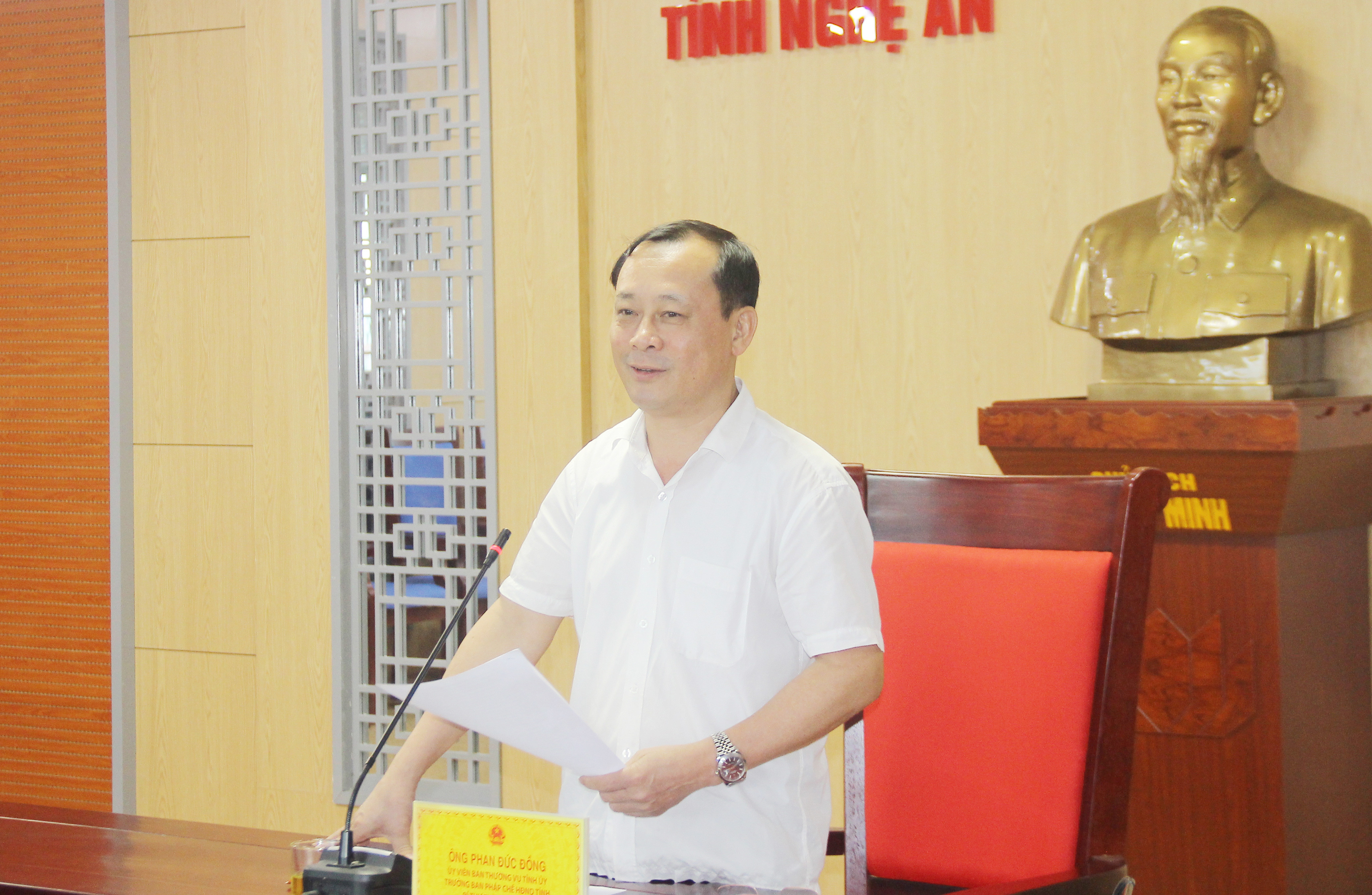 Trưởng ban Pháp chế HĐND tỉnh Phan Đức Đồng phát biểu tại cuộc thẩm tra. Ảnh: Mai Hoa