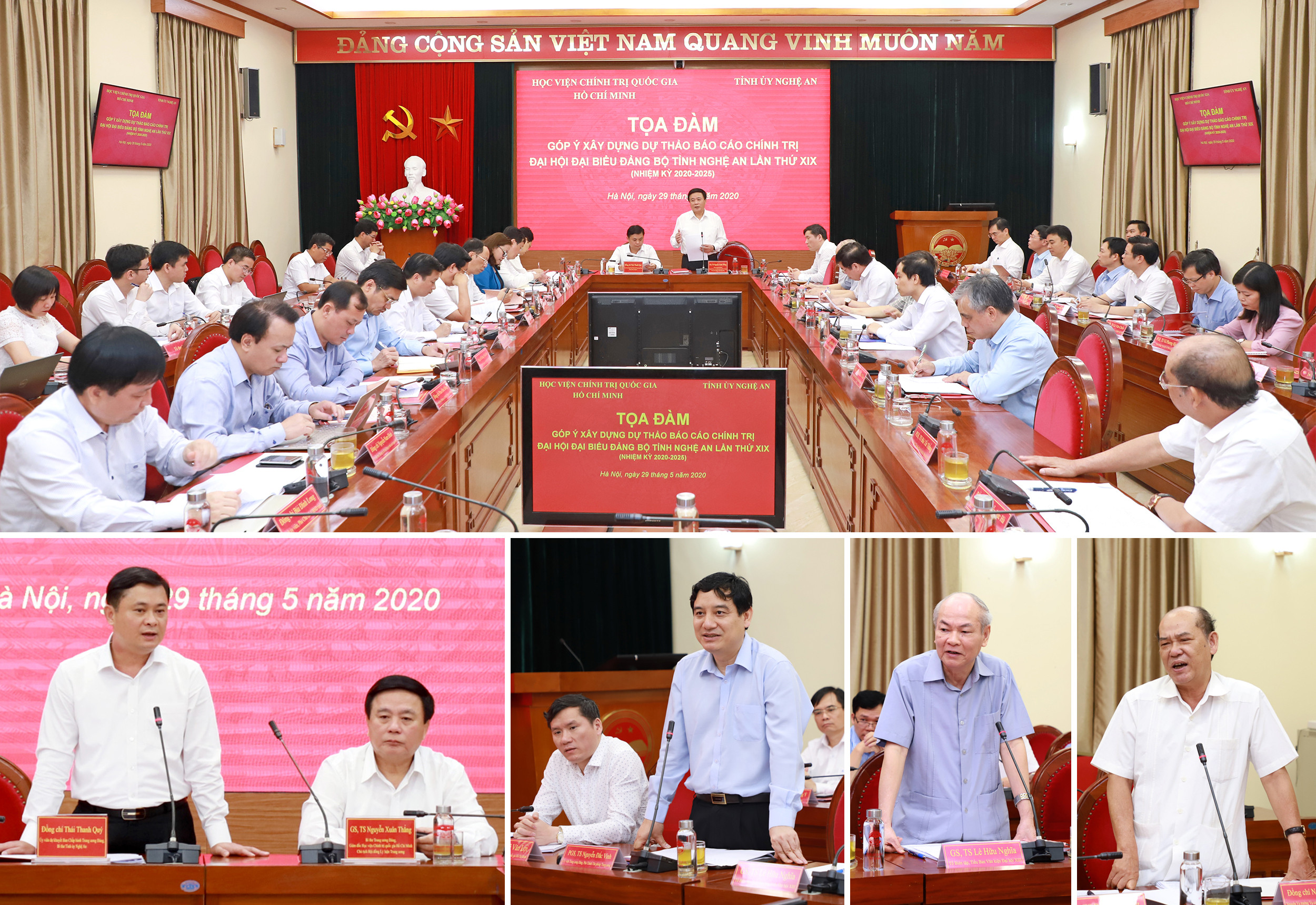 Ban Thường vụ Tỉnh ủy Nghệ An phối hợp với Học viện Chính trị Quốc gia Hồ Chí Minh tổ chức Tọa đàm góp ý xây dựng dự thảo Báo cáo chính trị Đại hội đại biểu Đảng bộ tỉnh Nghệ An lần thứ XIX, nhiệm kỳ 2020 - 2025, tại Hà Nội. Ảnh: Thành Duy