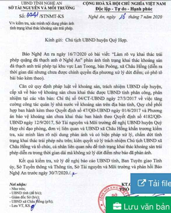 Văn bản số 3441/STNMT-KS ngày 17/7/2020 của Sở TN&MT gửi Chủ tịch UBND huyện Quỳ Hợp. Ảnh: Nhóm PVĐT