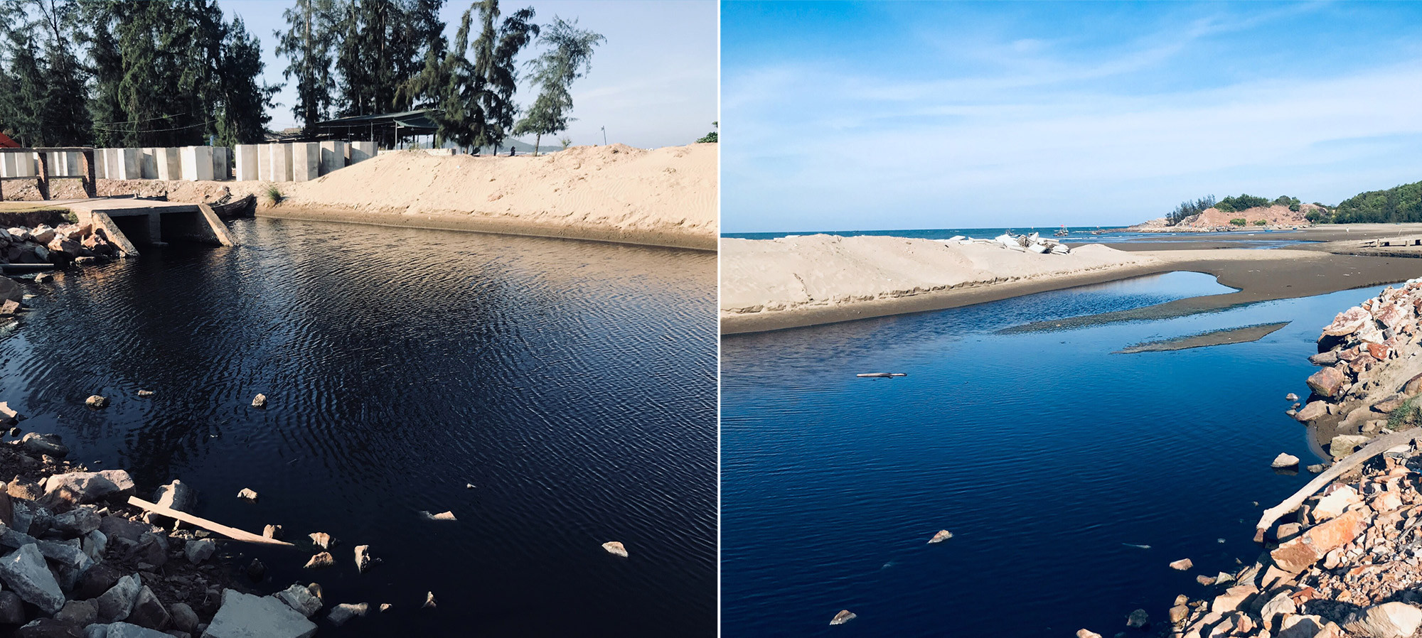 Nước từ đầm tôm nuôi thải trực tiếp ra biển có màu đen ô nhiễm. Ảnh: Nguyễn Hải
