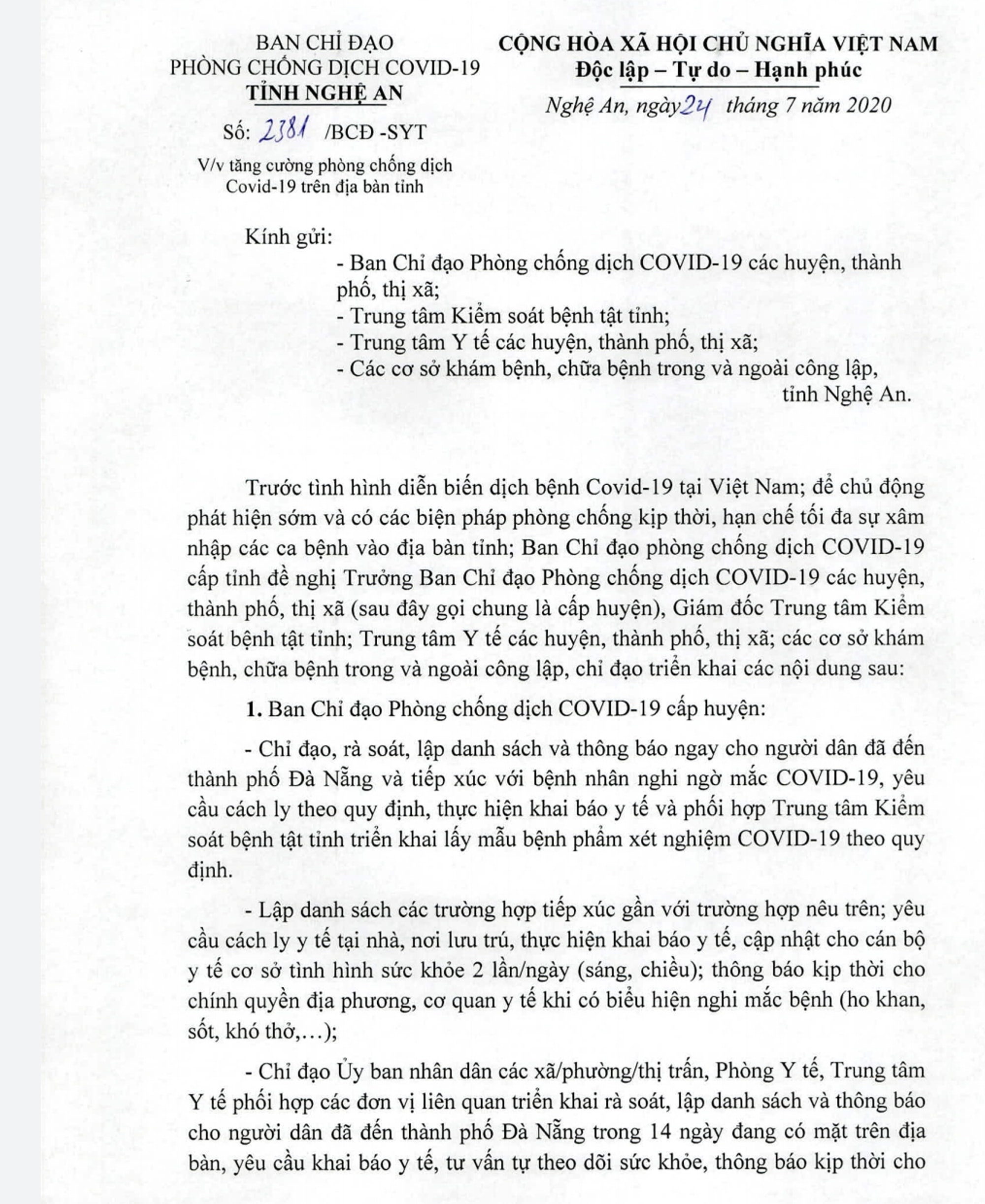 Văn bản yêu cầu tăng cường phòng chống Covid-19 của tỉnh Nghệ An. Ảnh: Thành Chung