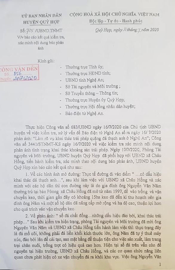 Văn bản số 705/UBND-TNMT của UBND huyện Quỳ Hợp phản hồi về tình trạng  khai thác trái phép quặng đá ở xã Châu Hồng. Ảnh: Nhật Lân