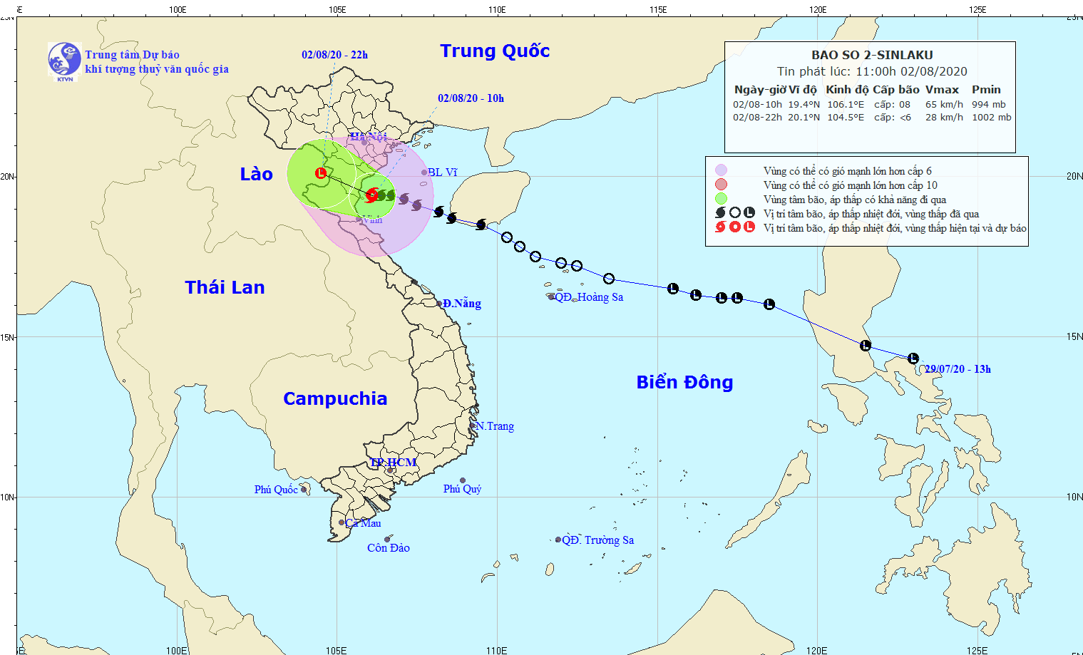 Đường đi của bão số 2 cập nhật lúc 11h ngày 2/8. Ảnh: Đài Khí tượng Thủy văn Bắc Trung Bộ