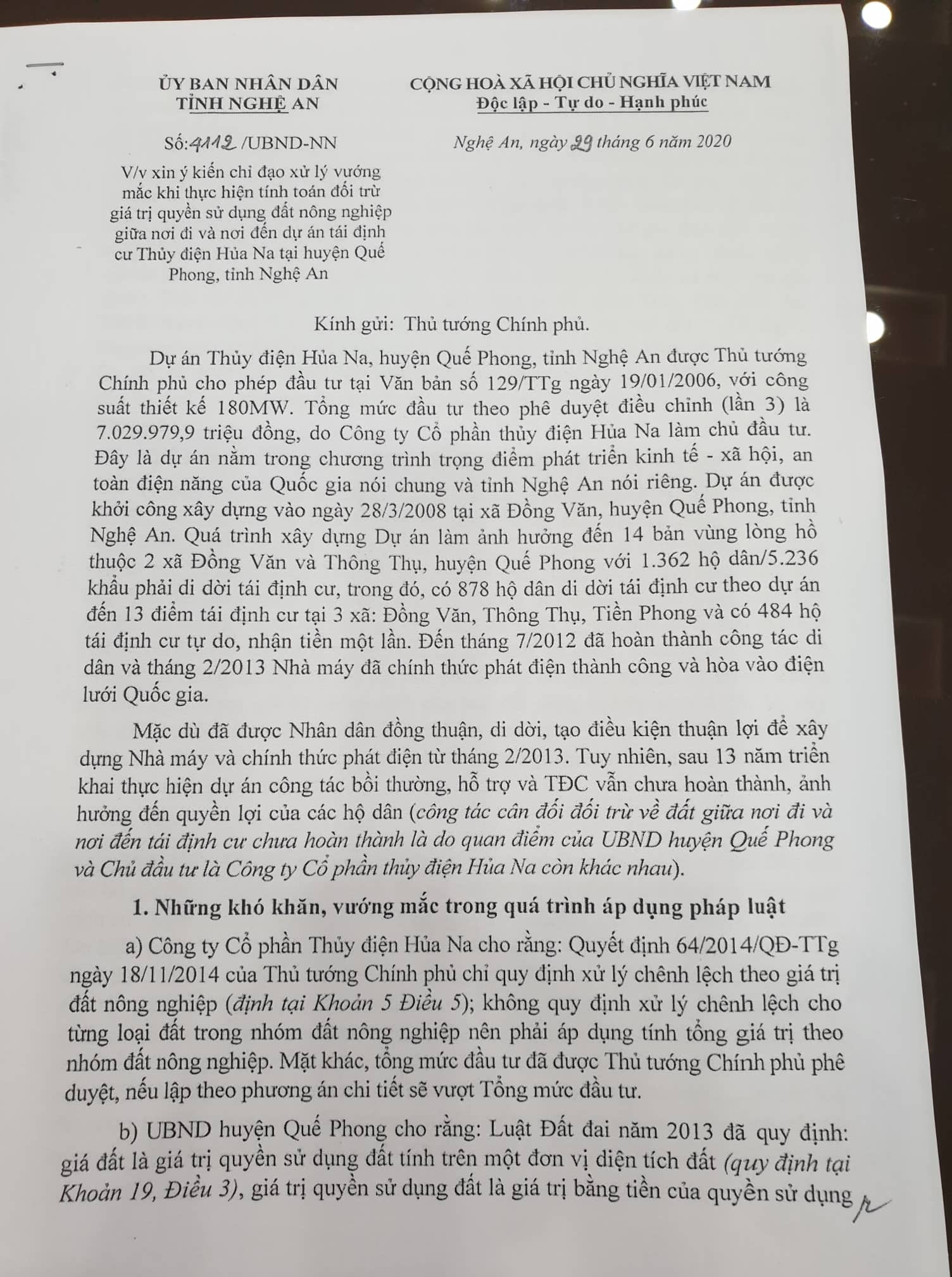 Công văn số 4112/UBND-NN ngày 29/6/2020 của UBND tỉnh. Ảnh: Nhật Lân