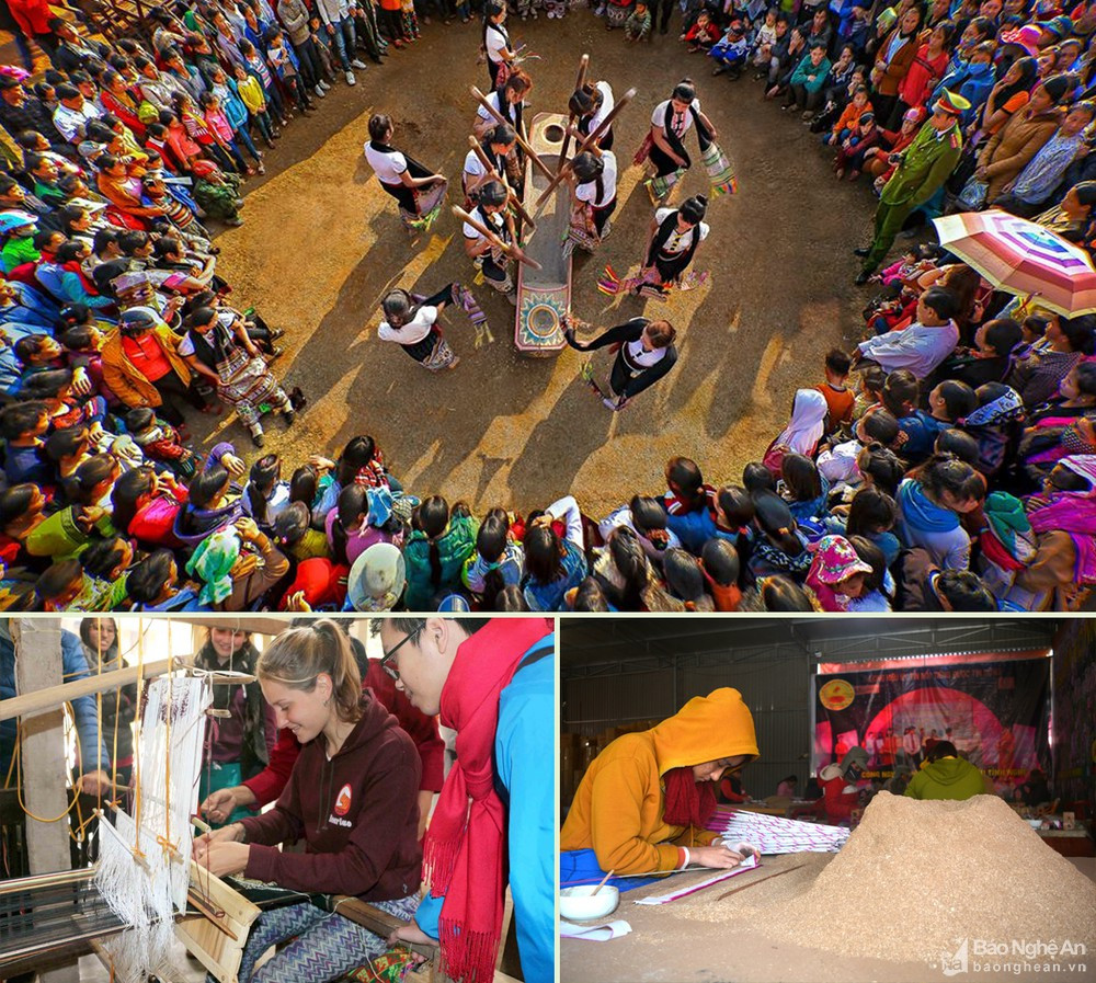 Lễ hội Hang Bua; Du khách trải nghiệm ở làng nghề dệt thổ cẩm bản Hoa Tiến; Làng nghề làm hương trầm ở Quỳ Châu. Ảnh tư liệu