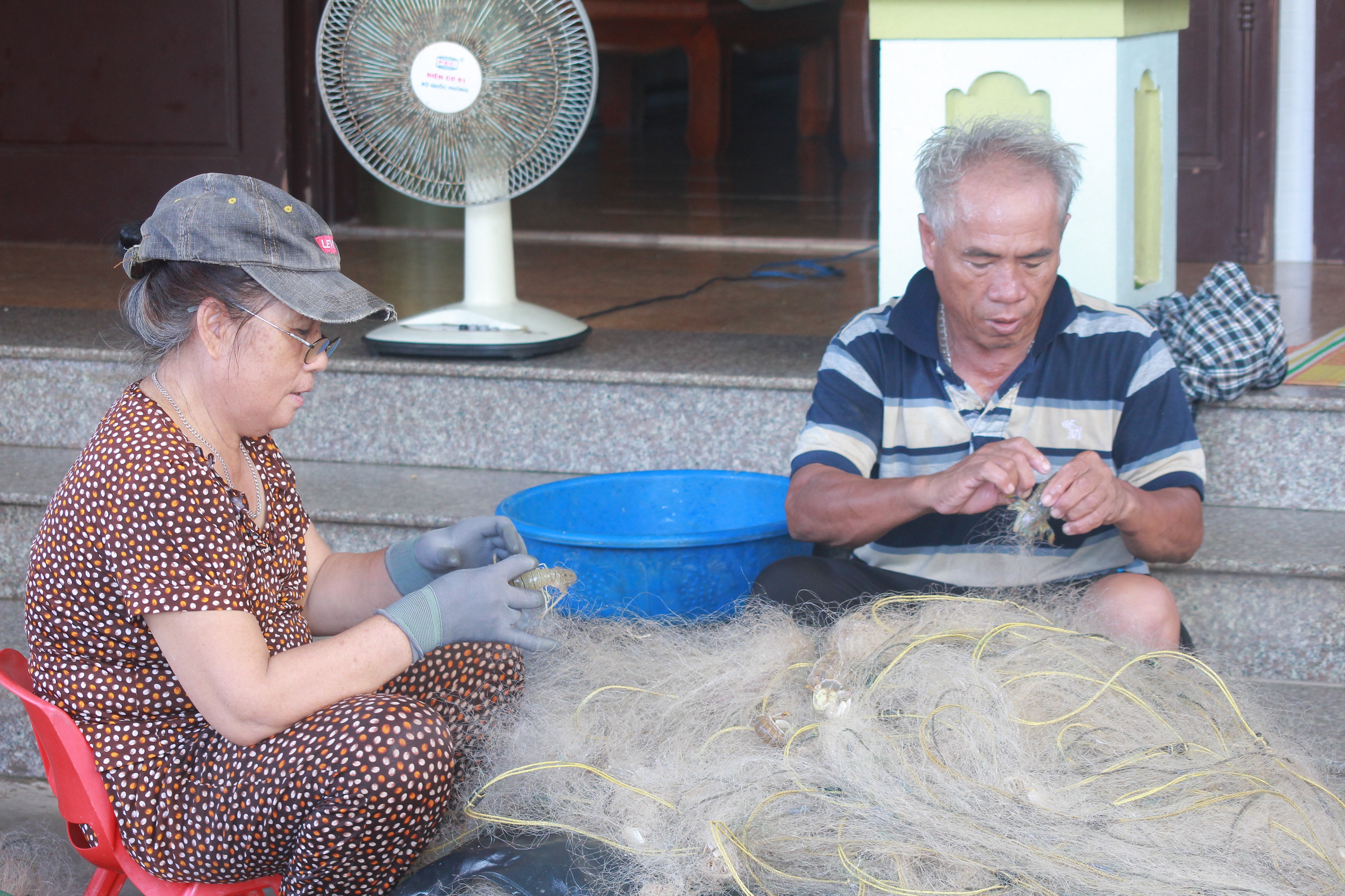 Đặc trưng của nghề đi lộng là hải sản về đến bờ luôn tươi sống, họ phải huy động nhiều nhân lực để gỡ hải sản đã dính lưới, công việc này mất cả tiếng đồng hồ.