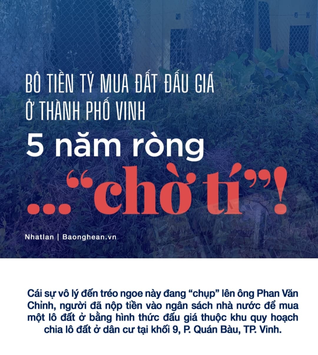 Bìa bài viết ‘Bỏ tiền tỉ mua đất đấu giá ở thành phố Vinh 5 năm ròng… chờ tý!’ đăng trên Báo Nghệ An điện tử. Ảnh: Nhật Lân