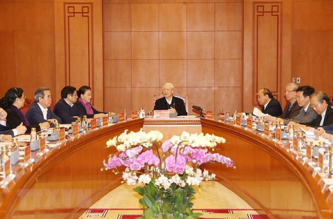 Tổng bí thư, Chủ tịch nước Nguyễn Phú Trọng chủ trì cuộc họp Tiểu ban Văn kiện Đại hội XIII. Ảnh: TTXVN.