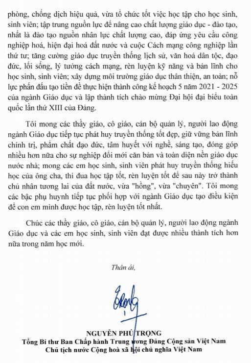 Toàn văn bức thư của Tổng Bí thư, Chủ tịch nước Nguyễn Phú Trọng gửi tới thầy trò cả nước: