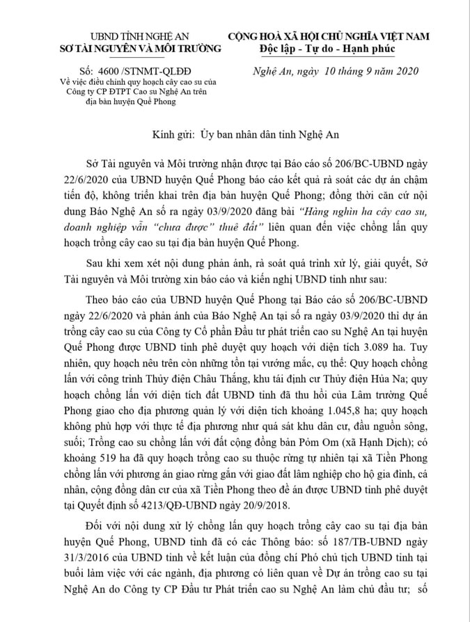 Văn bản số  4600 /STNMT-QLĐĐ về việc điều chỉnh quy hoạch cây cao su của Công ty CP ĐTPT Cao su Nghệ An trên địa bàn huyện Quế Phong gửi lên UBND tỉnh.