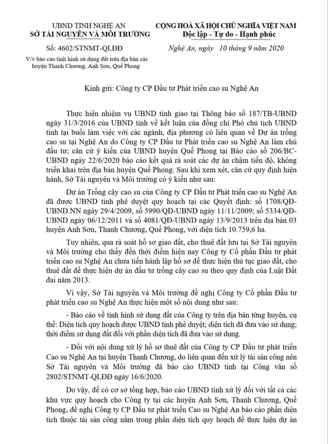 Văn bản số 4602/STNMT-QLĐĐ của Sở TN&MT gửi Công ty CP Đầu tư phát triển cao su Nghệ An. Ảnh: Nhật Lân