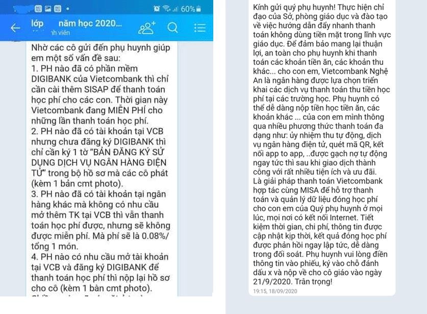 Các tin nhắn của các nhà trường gửi đến cho phụ huynh về việc triển khai nạp học phí qua ngân hàng. Ảnh: MH