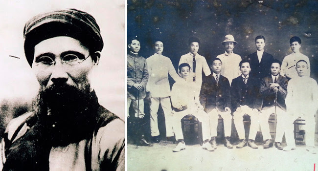 Nhà chí sĩ yêu nước Phan Bội Châu (ảnh trái); Một số lưu học sinh phong trào Đông Du. Ảnh tư liệu