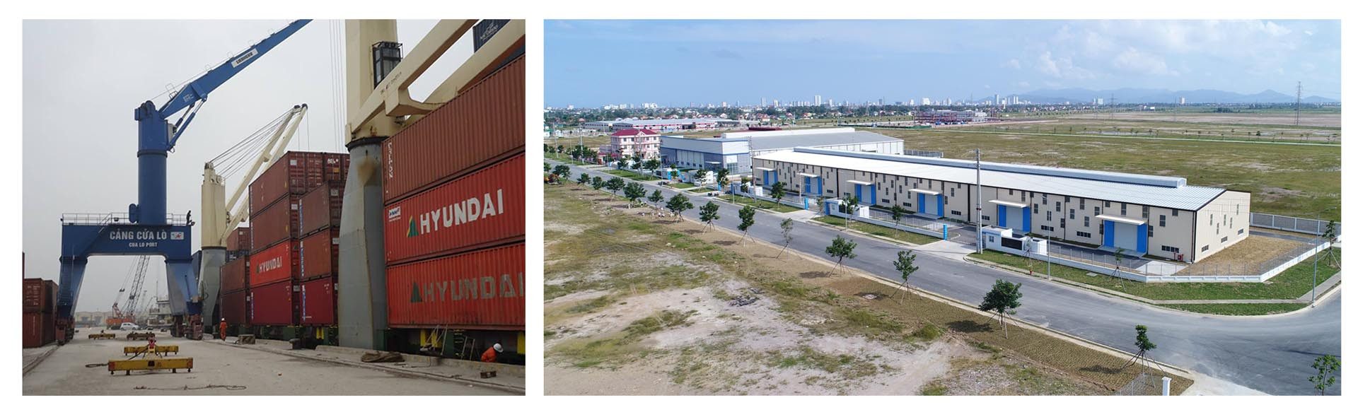 Cần cẩu chân đế 40 tấn cẩu hàng container ở cảng. Một số nhà máy đã đi vào hoạt động ở khu đô thị VSIP Nghệ An.