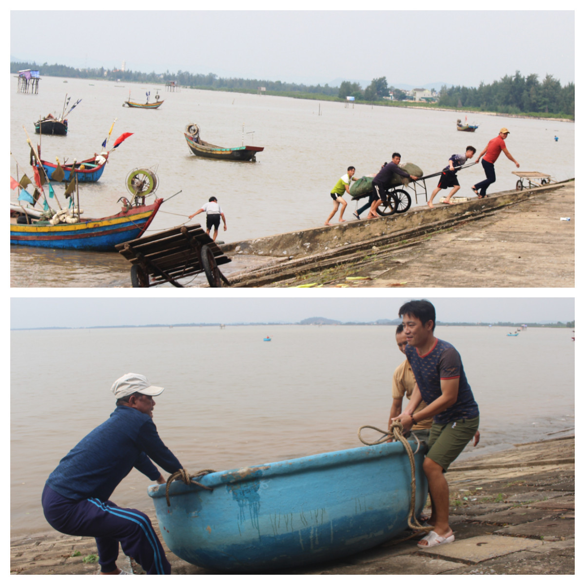 Ngư dân xã Quỳnh Long (Quỳnh Lưu) vội vã mang ngư lưới cụ, tàu thuyền về bờ tránh mưa bão số 9. Ảnh Việt Hùng