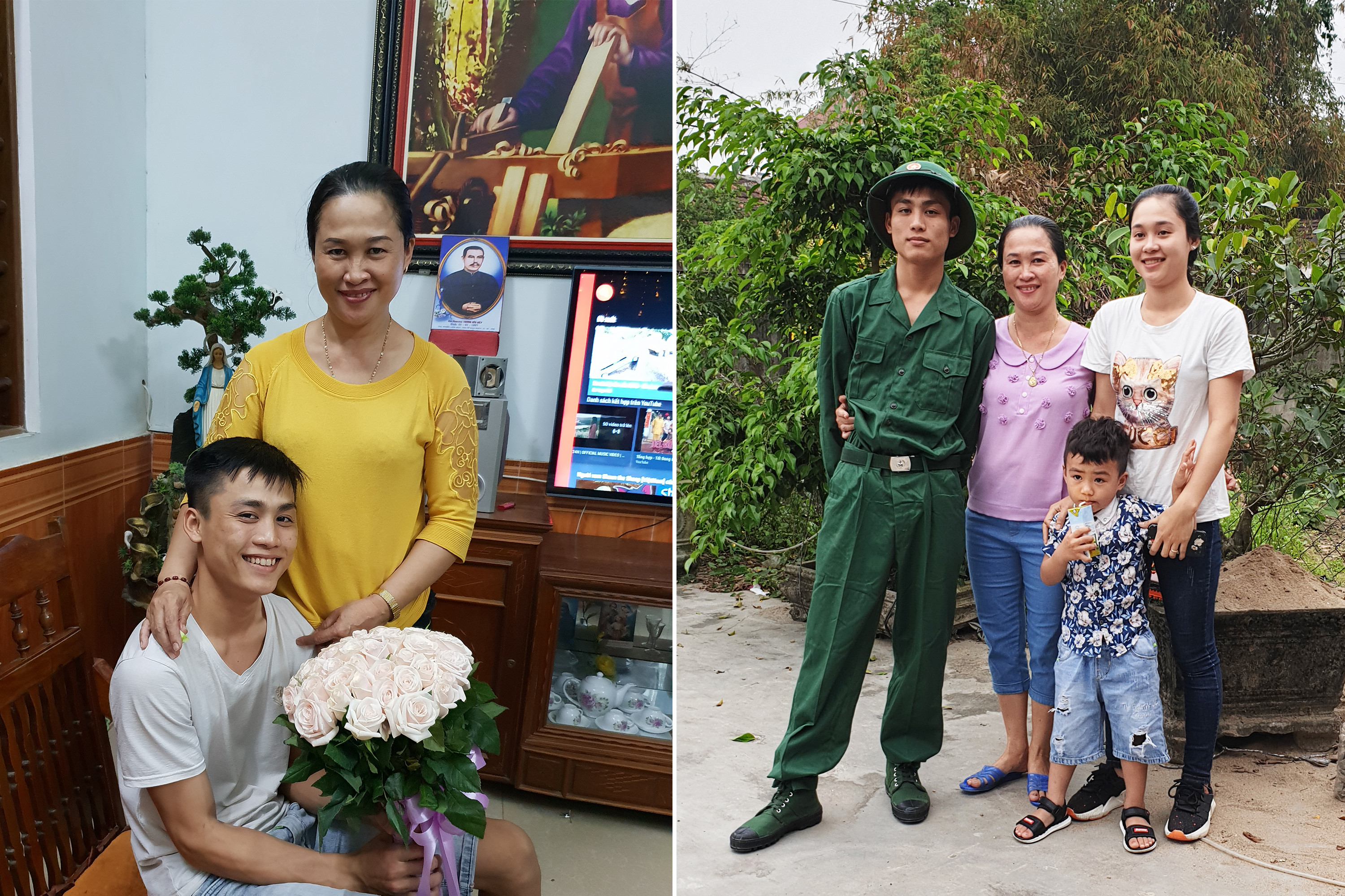 Nguyễn Anh Duy tặng hoa cho mẹ nhân sinh nhật; Anh Duy cùng mẹ (giữa) và người thân trước giờ nhập ngũ. Ảnh: GĐCC