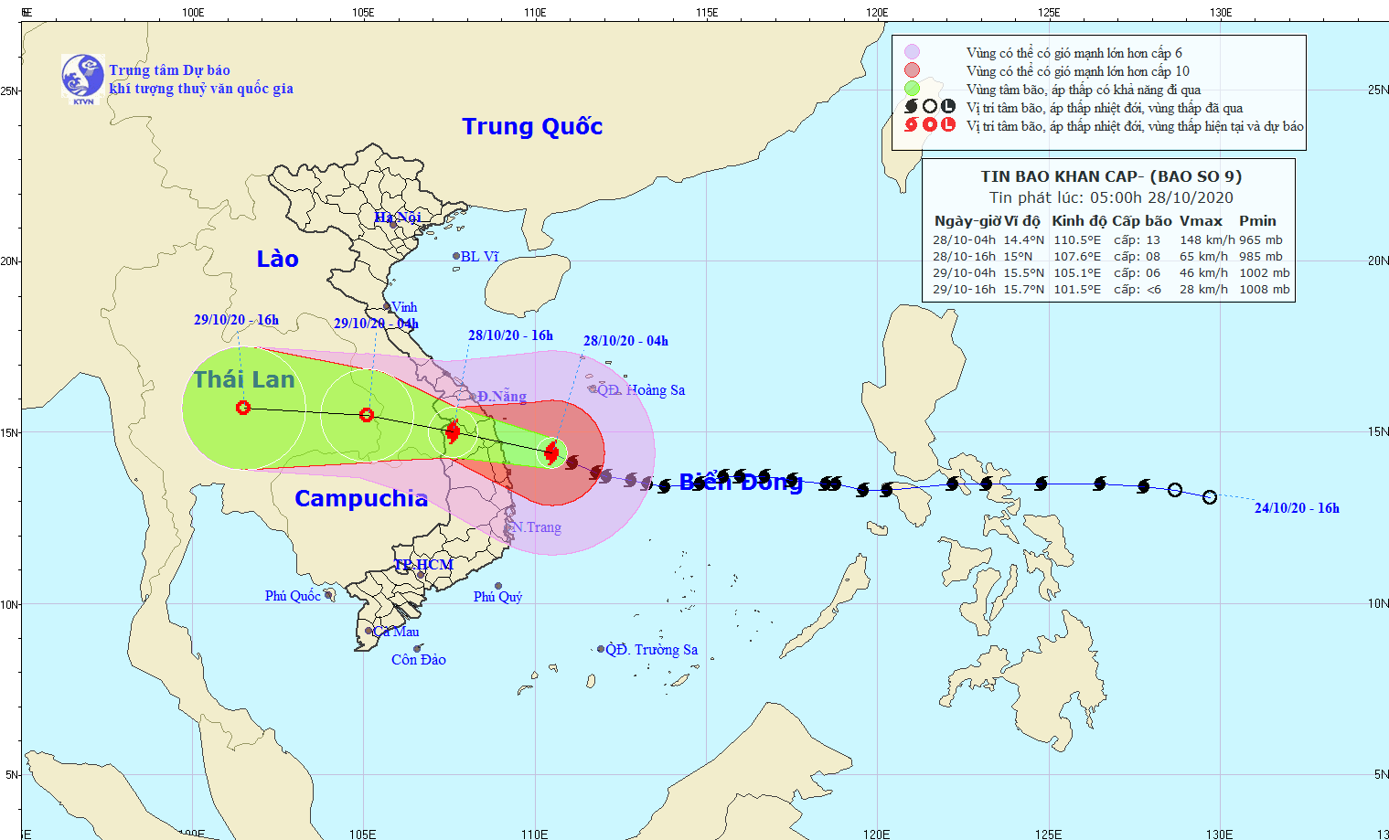 Đường đi của bão số 9. Ảnh: Trung tâm dự báo khí tượng thủy văn quốc gia