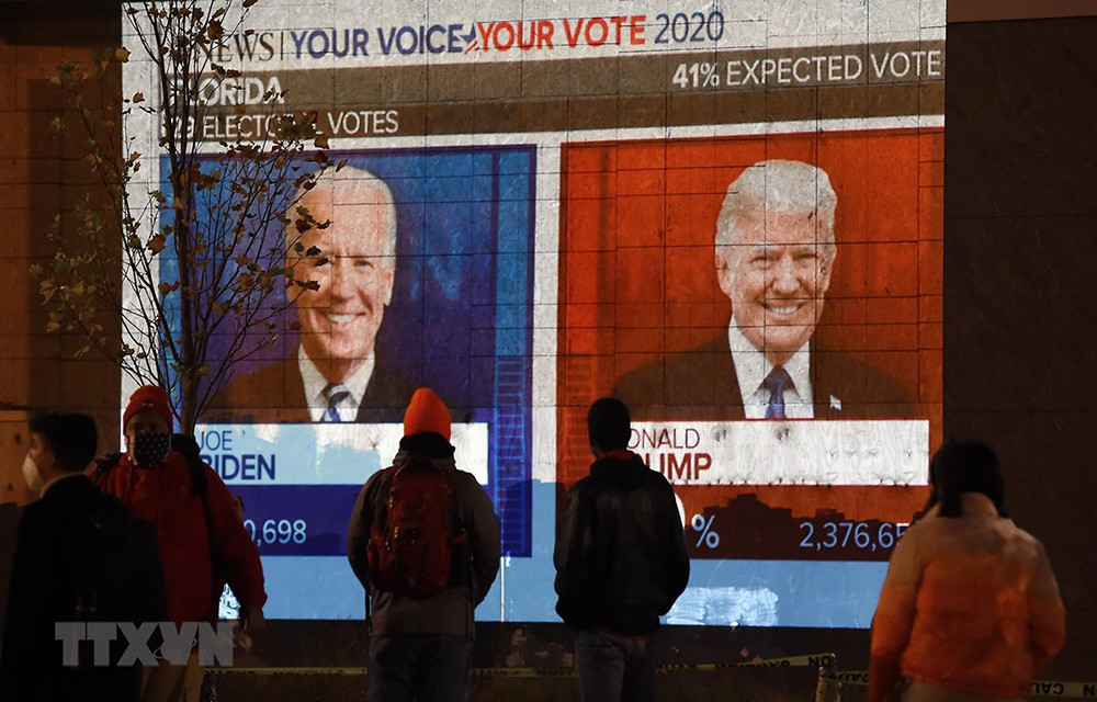 Người dân theo dõi kết quả trực tiếp cuộc bầu cử Tổng thống Mỹ giữa Tổng thống đương nhiệm Donald Trump (phải) và ứng viên Tổng thống đảng Dân chủ Joe Biden tại Washington DC., ngày 3/11/2020. Ảnh: AFP/TTXVN