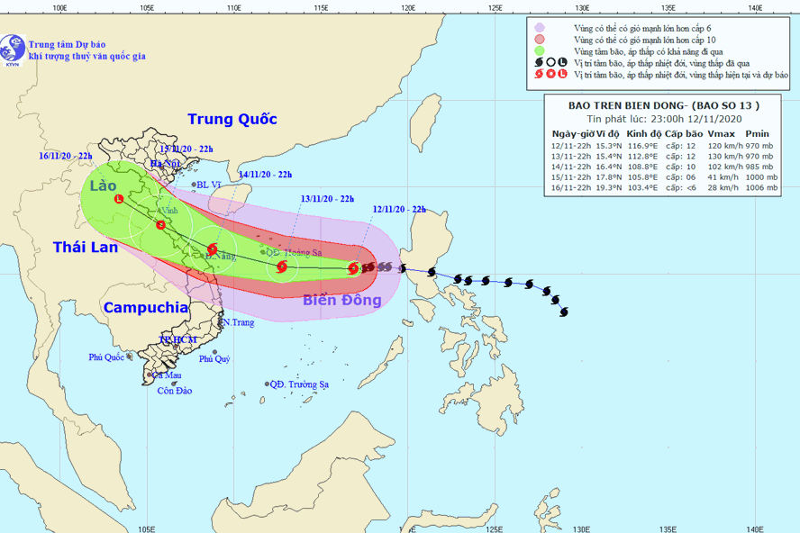 Vị trí và đường đi của bão số 13. Ảnh: Trung tâm Dự báo KTTV Quốc gia. 