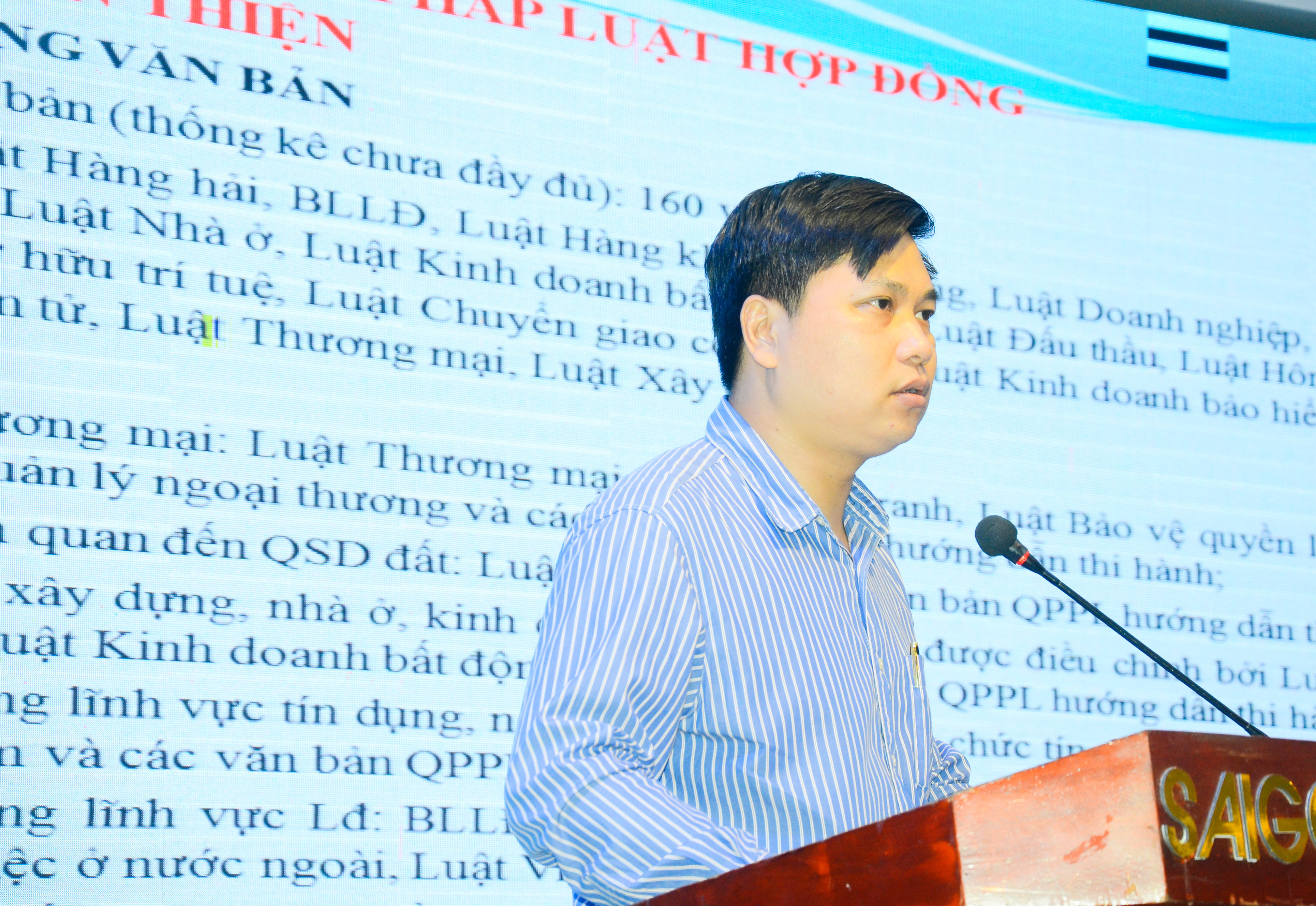 Luật gia Trần Minh Sơn truyền đạt chuyên đề tại hội nghị. Ảnh: Lê Thanh