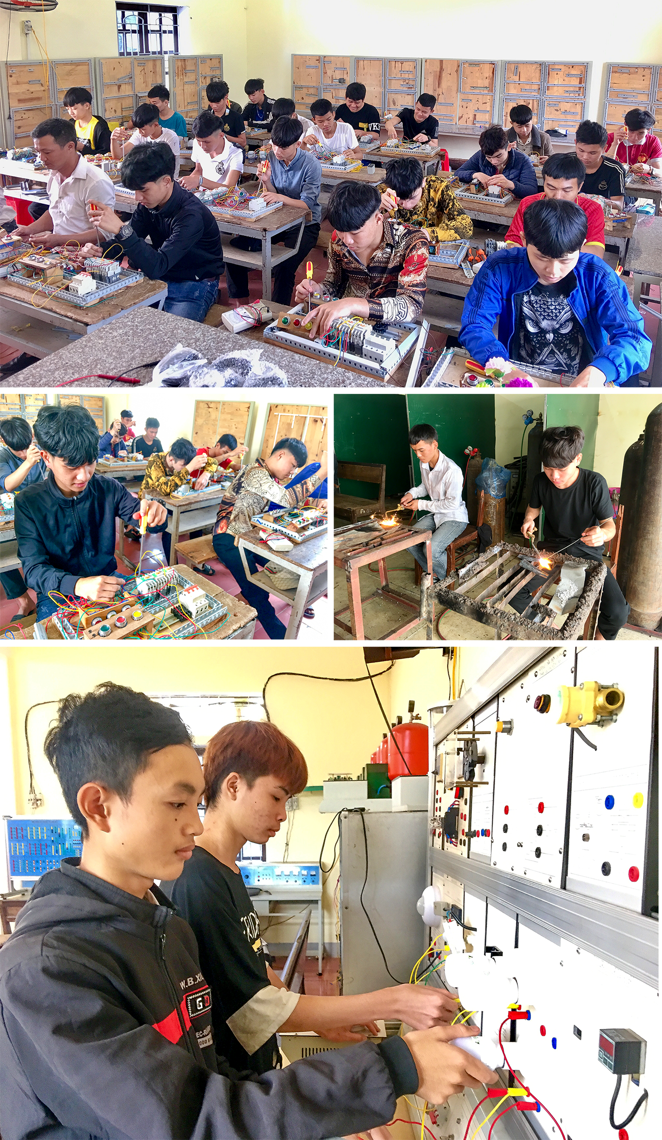 Học viên trường Trung cấp nghề kinh tế - kỹ thuật Tây Nam Nghệ An luôn được thực hành trên hệ thống máy hiện đại; Ngoài các lớp học về Điện, Điện công nghiệp…, học viên ở đây còn được học các lớp nghề gò, hàn.