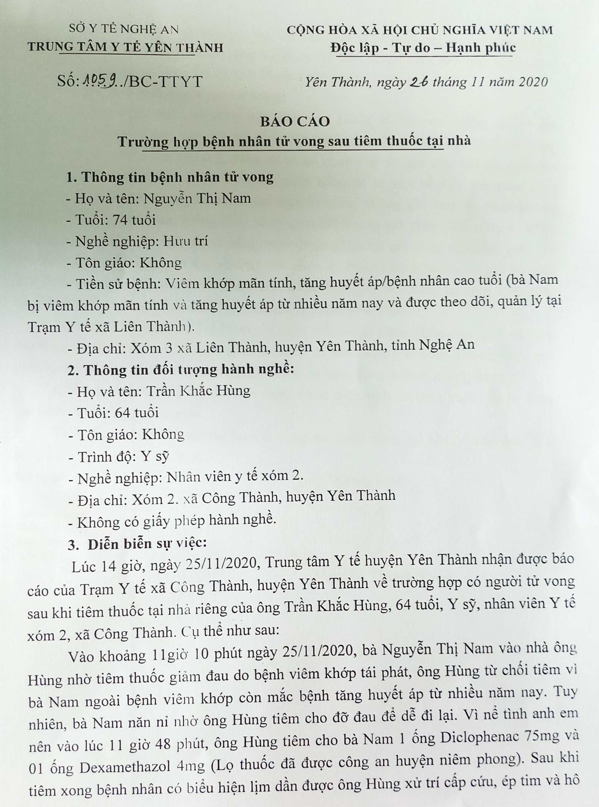 Báo cáo của Trung tâm Y tế huyện Yên Thành về vụ việc. Ảnh: Thành Chung