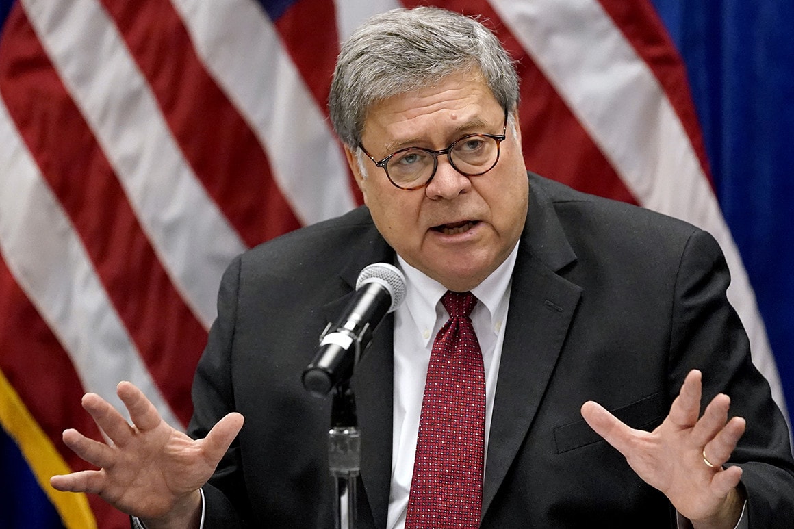 Bộ trưởng Tư pháp William Barr là quan chức cấp cao nhất đi ngược lại quan điểm của Donald Trump về kết quả bầu cử. Ảnh: The Politico