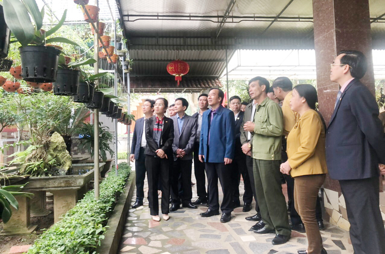 Đoàn đại biểu thăm mô hình nông thôn mới tại xã Kim Liên, Nam Đàn. Ảnh: Duy Thành