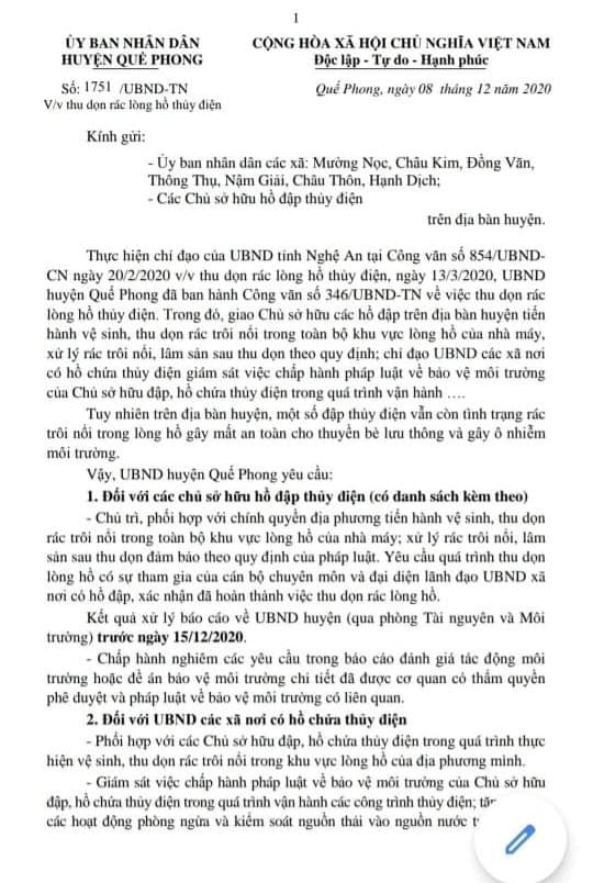 Công văn số 1751/UBND-TN ngày 8/12/2020 của UBND huyện Quế Phong. Ảnh: Nhật Lân 