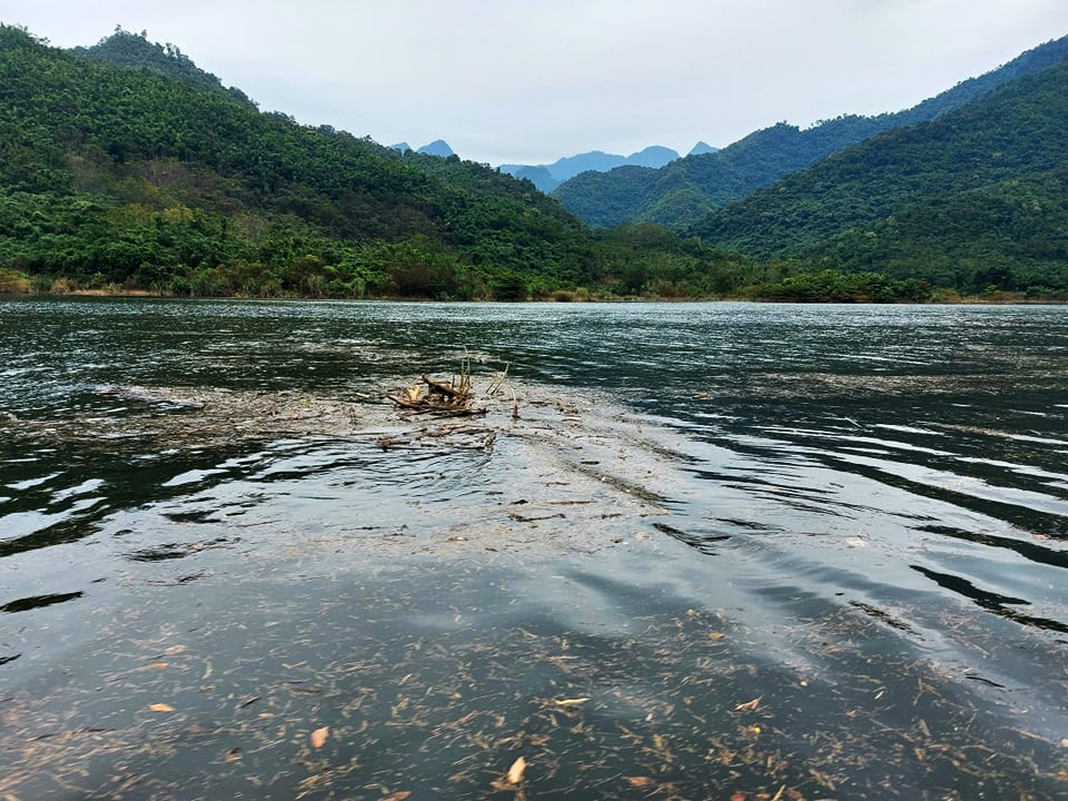 Rác trên lòng hồ thủy điện Hủa Na. Ảnh: Nhật Lân