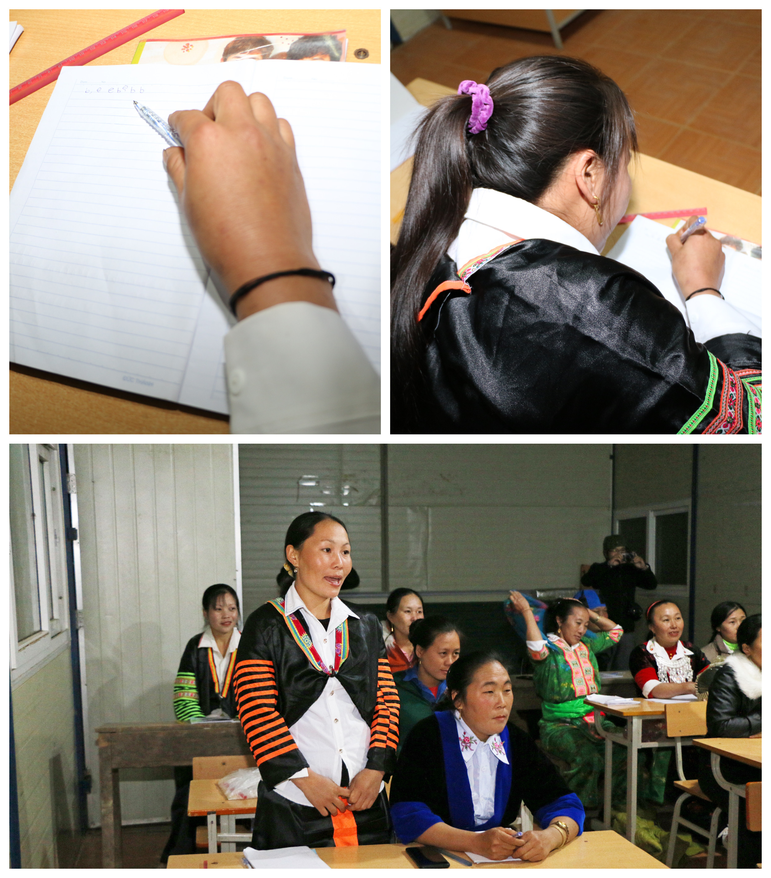 Nhiều chị em người Mông có con nhỏ nhưng vẫn cố gắng thu xếp việc nhà, quyết tâm tới lớp để học cái chữ. Có những chị đi học chăm chỉ, không bỏ buổi nào. Ảnh: KL