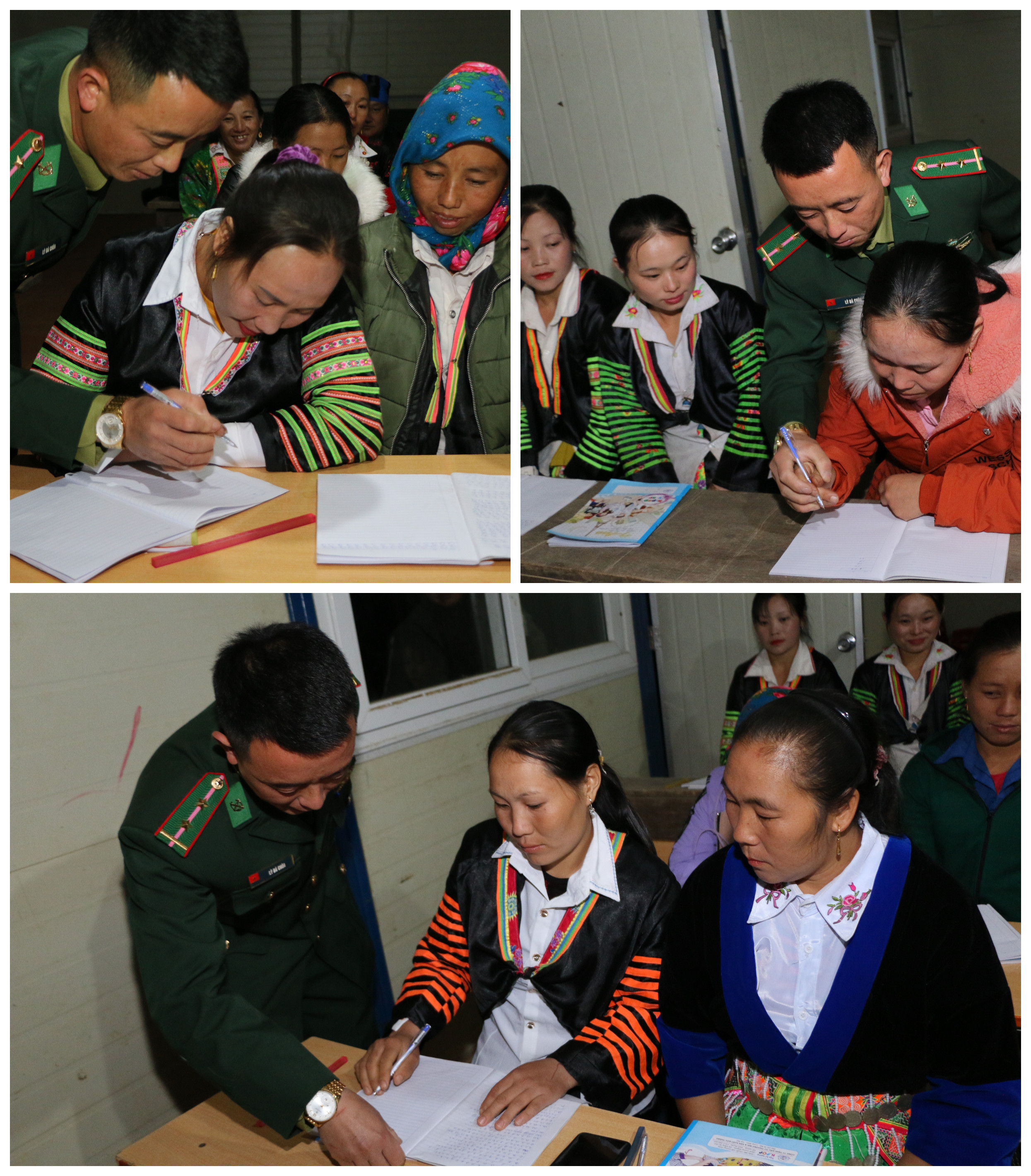 Được sự hướng dẫn tận tình của thầy giáo mang quân hàm xanh, sau vài buổi học, nhiều phụ nữ Mông ở Huồi Mới đã có sự tiến bộ rõ rệt. 