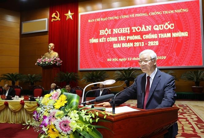 Tổng Bí thư, Chủ tịch nước Nguyễn Phú Trọng, Trưởng Ban Chỉ đạo Trung ương về phòng, chống tham nhũng phát biểu kết luận Hội nghị. Ảnh: Trí Dũng/TTXVN