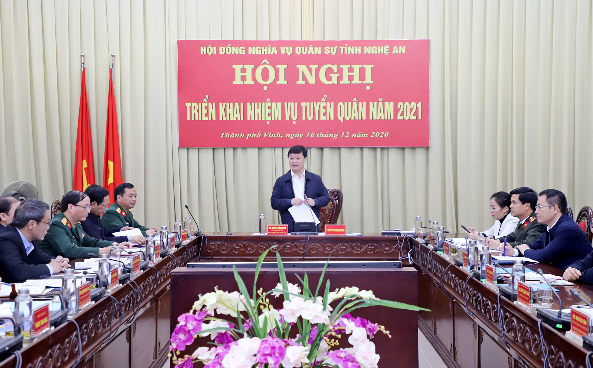 Đồng chí Nguyễn Đức Trung - Chủ tịch UBND tỉnh, Chủ tịch Hội đồng NVQS kết luận Hội nghị. Ảnh: Phạm Bằng