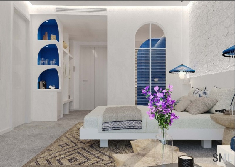 Thiết kế nội thất phong cách Santorini mới nhất trong căn hộ studio tại SunBay Park. 