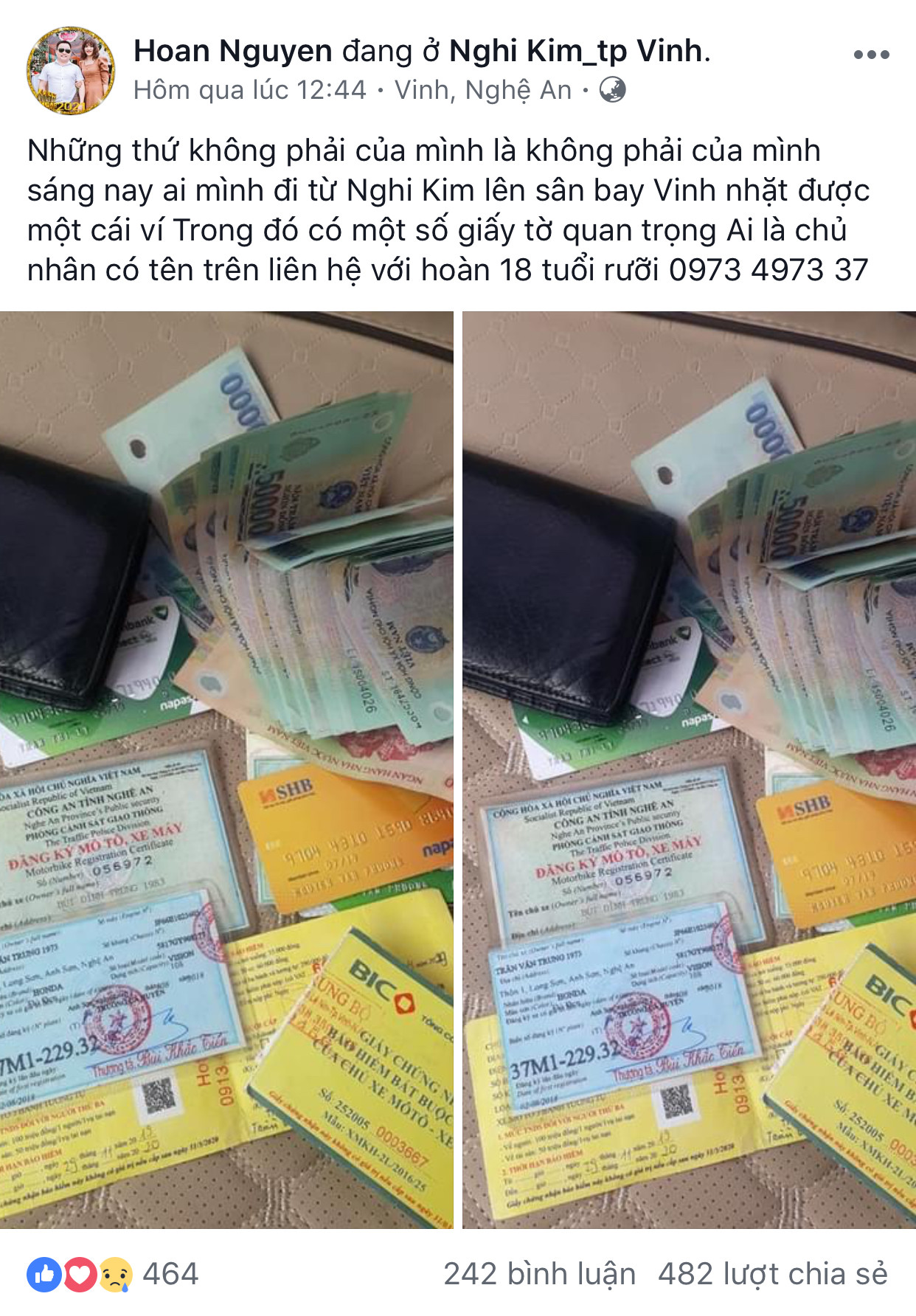 Dòng trạng thái với nội dung và hình ảnh chiếc ví tiền được anh Nguyễn Văn Hoàn ở xã Nghi Kim- TP Vinh đăng trên facebook