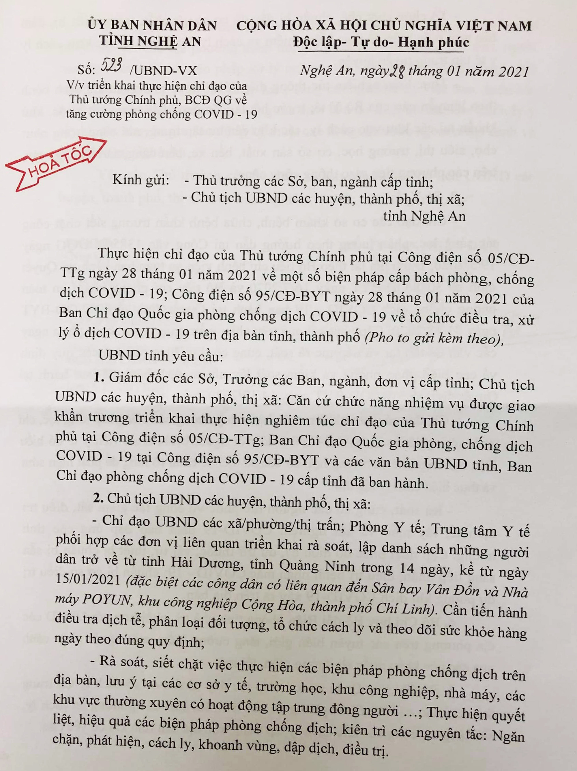 Công điện của UBND tỉnh Nghệ An về việc triển khai các biện pháp phòng chống COVID-19. Ảnh: Thành Chung