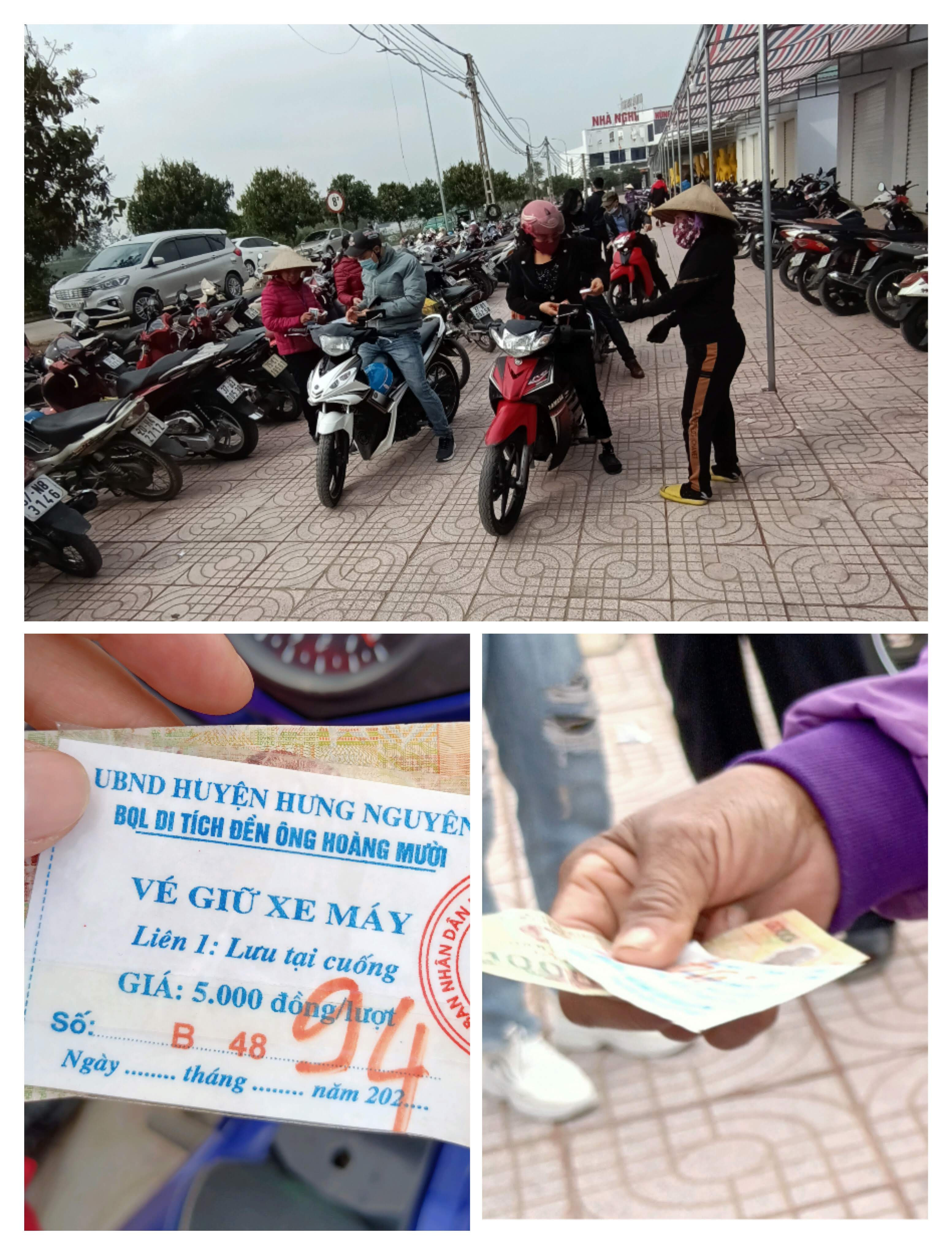 Mặc dù trên vé xe máy tại bãi gửi xe của đền ông Hoàng Mười ghi một lượt gửi là 5.000 đồng, tuy nhiên trên thực tế điểm trông giữ xe này thu của khách 10.000 đồng. Ảnh: PV