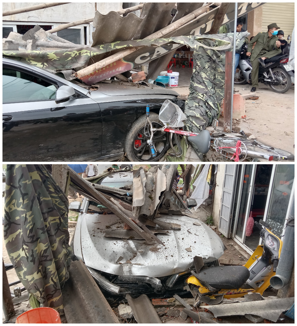 Xe tô ô bị hư hỏng nặng sau khi lao vào tiệm cắt tóc. Ảnh: Nguyễn Long