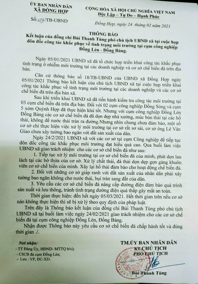 Thông báo số 129/UBND-TB của UBND xã Đồng Hợp. Ảnh: Nhật Lân