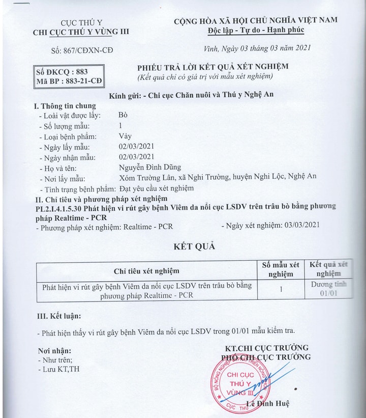 Mẫu xét nghiệm viêm da nổi cục tại xã Nghi Trường, huyện Nghi Lộc. Ảnh: Q.A