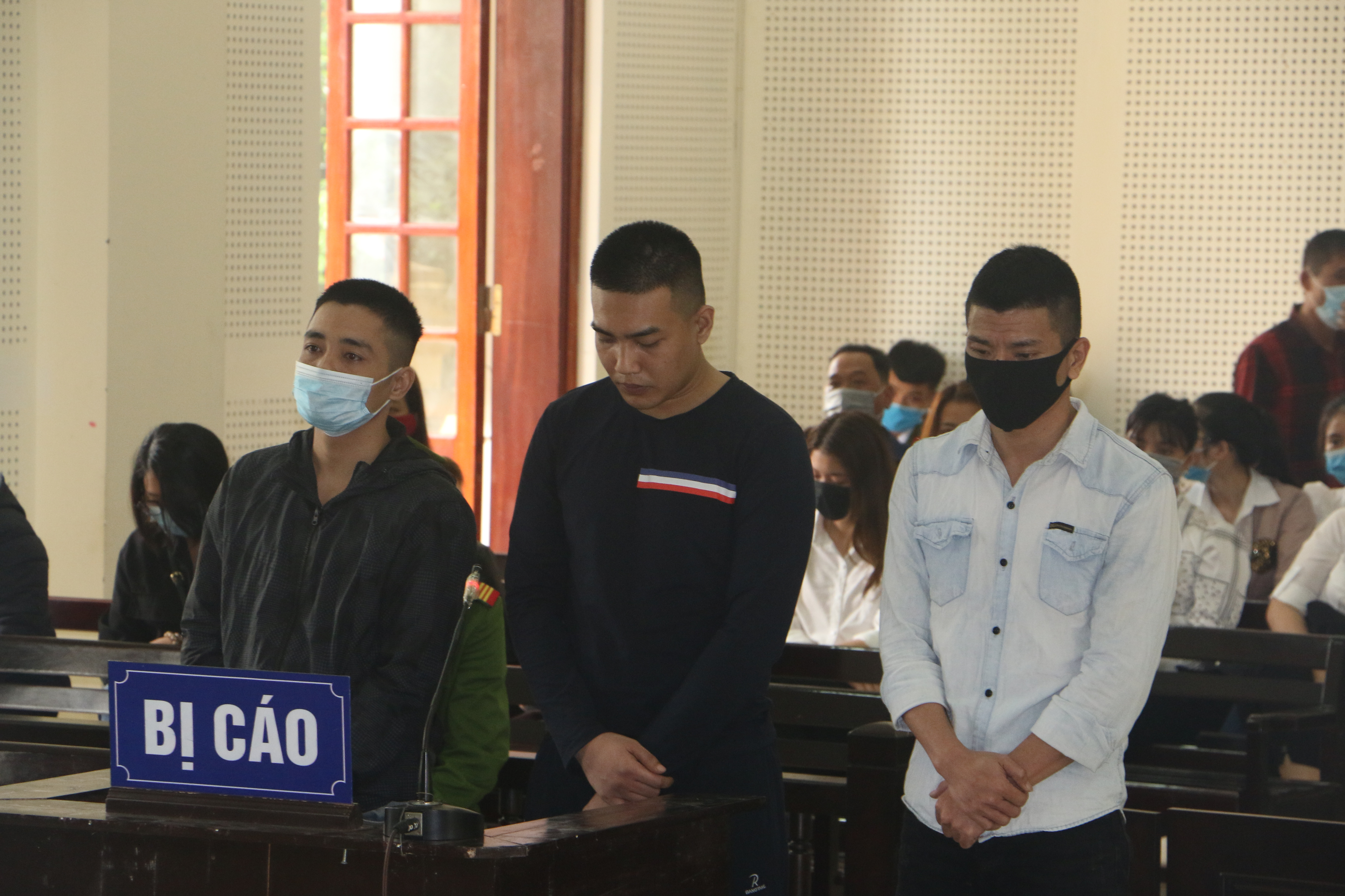 Ngô Thanh Long, Ngô Viết Thành Vinh, Nguyễn Thành Long tại phiên tòa (từ trái sang phải). Ảnh: An Quỳnh.