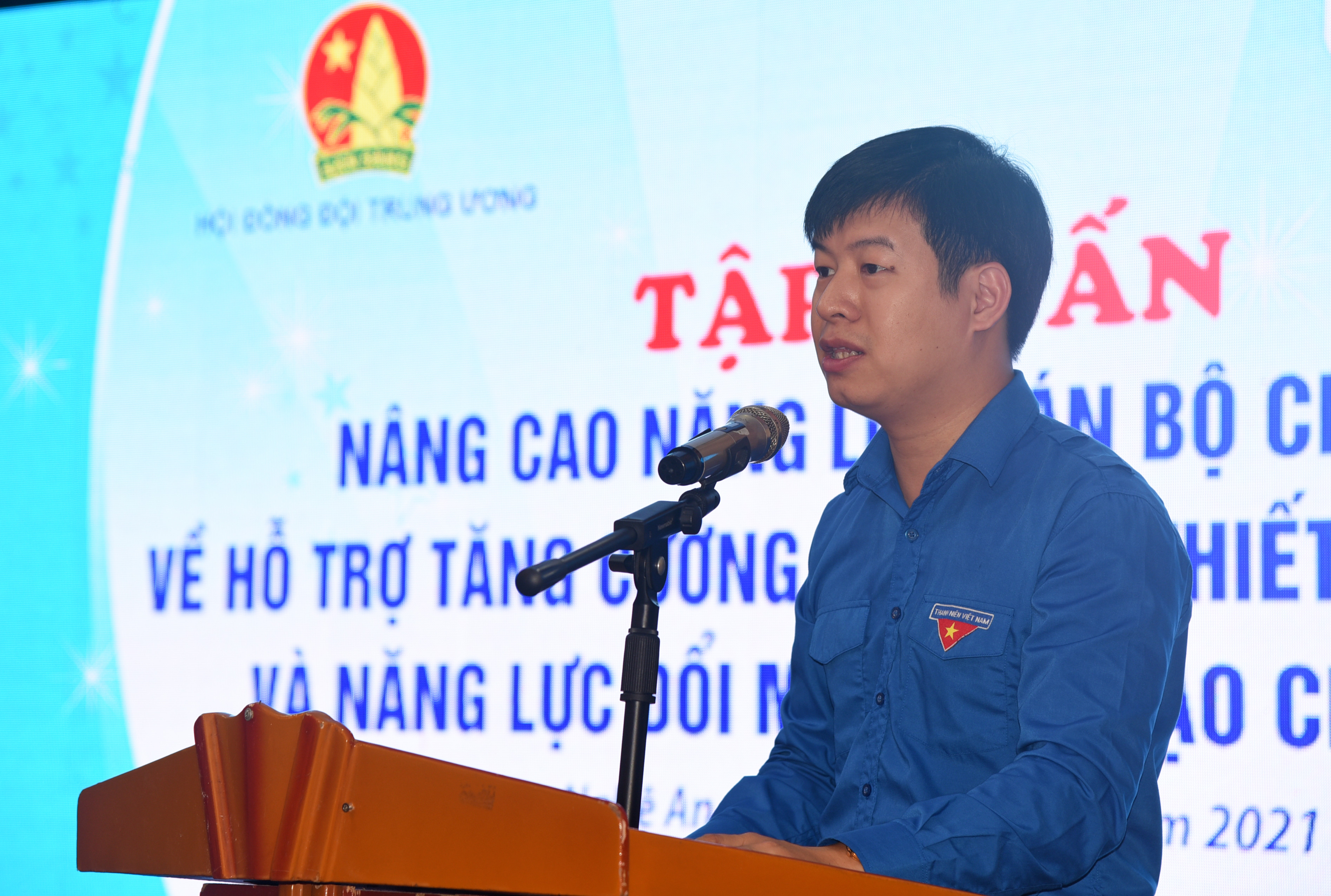 Phó chủ tịch Hội đồng Đội Trung ương Lê Hải Long cho biết Nghệ An là điểm đến đầu tiên của chương trình tập huấn nhằm nâng cao năng lực cho cán bộ đoàn, đội. Ảnh: TG