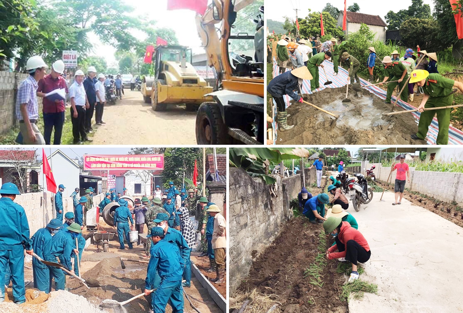 Lãnh đạo huyện Nghĩa Đàn kiểm tra các công trình xây dựng NTM; Các cơ quan cấp huyện, LLVT giúp các xóm làm đường giao thông; Người dân các địa phương tham gia trồng đường hoa. Ảnh: TL