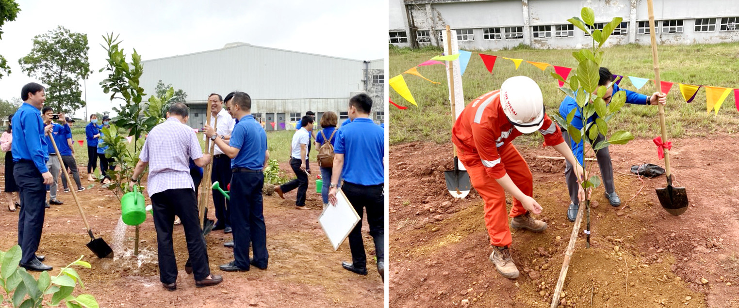 Đoàn thanh niên Công ty Xi măng Sông Lam cùng Đoàn Khối Doanh nghiệp tỉnh trồng cây xanh tại Khu CN Nam Cấm. Ảnh: Khắc Sáng