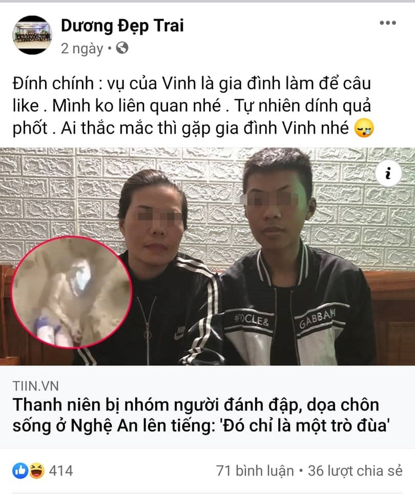 Khi công an đang xác minh vụ việc, Dương còn đăng facebook với nội dung đây chỉ là một trò đùa. Ảnh: Tiến Hùng